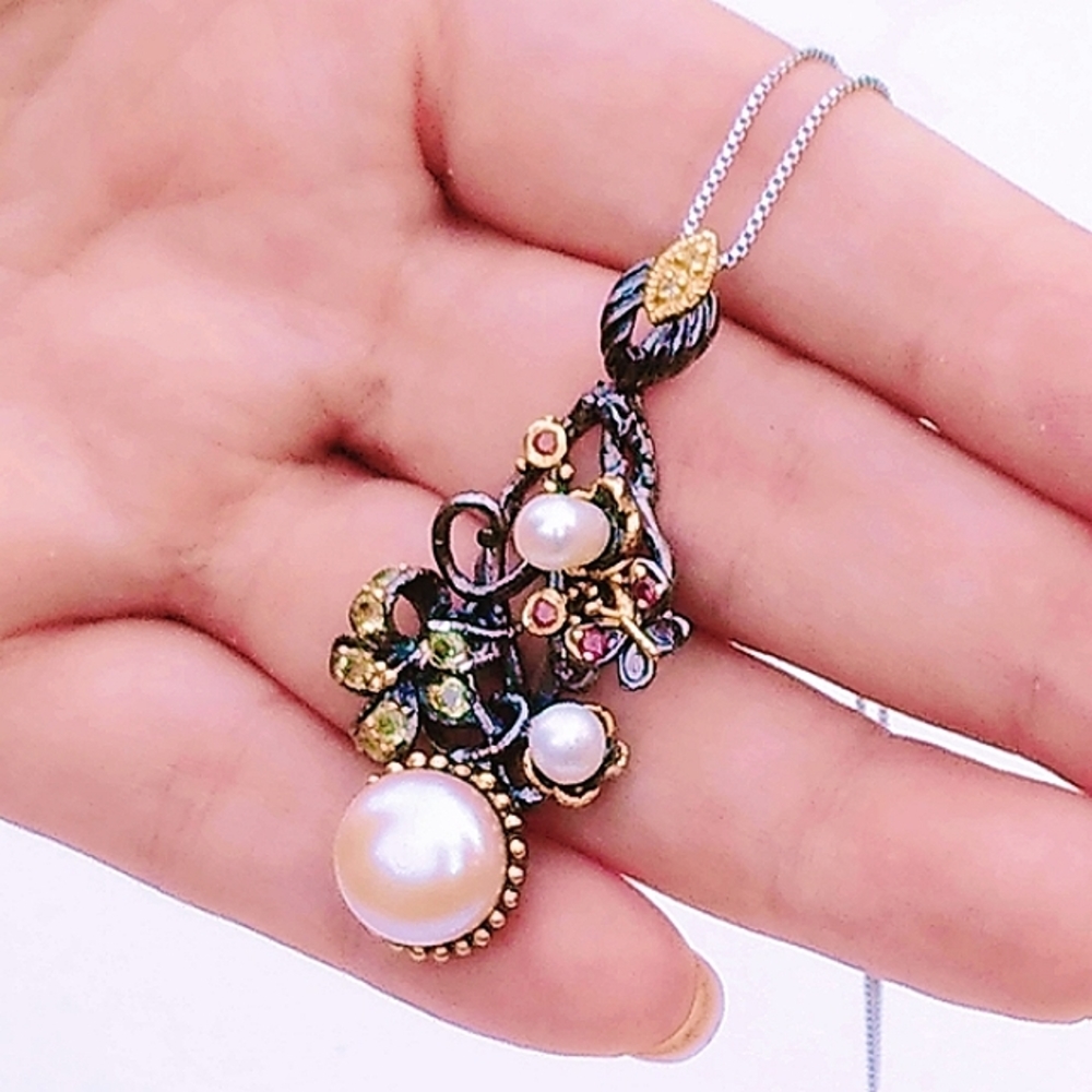 Pearl Sterling Silver and 14K gold Necklace